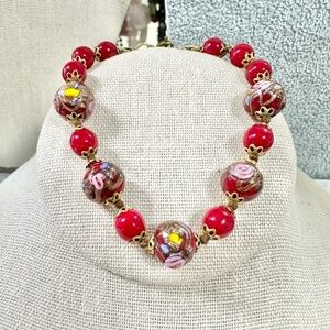 Vintage Made in Italy Venetian RED Wedding Cake Bracelet Glass Beaded